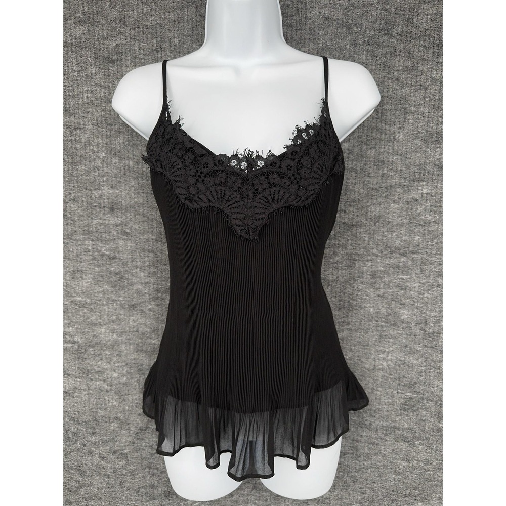 NAF NAF Tank Top Womens L Black Pleated Lace V Neck Camisole Ruffle Hem